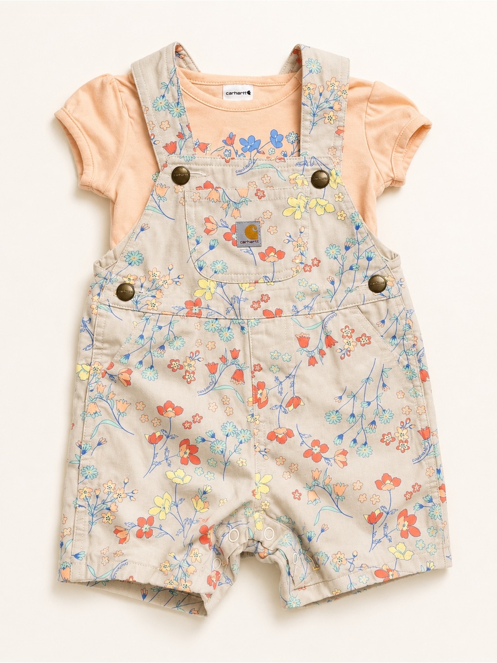 Carhartt Beige Floral Shortall with Peach Tee - Girls
